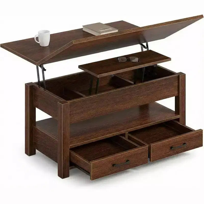 Table basse relevable à hauteur réglable - Table de salon moderne en bois avec 2 tiroirs de rangement et compartiment caché - Noyer brun ou noir
