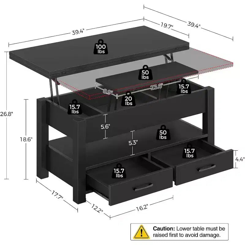 Table basse relevable à hauteur réglable - Table de salon moderne en bois avec 2 tiroirs de rangement et compartiment caché - Noyer brun ou noir
