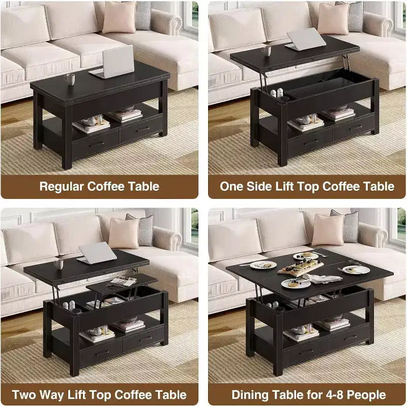 Table basse relevable à hauteur réglable - Table de salon moderne en bois avec 2 tiroirs de rangement et compartiment caché - Noyer brun ou noir