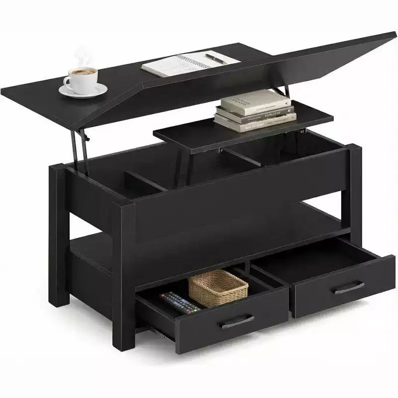 Table basse relevable à hauteur réglable - Table de salon moderne en bois avec 2 tiroirs de rangement et compartiment caché - Noyer brun ou noir