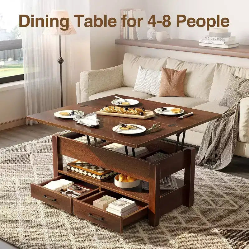 Table basse relevable à hauteur réglable - Table de salon moderne en bois avec 2 tiroirs de rangement et compartiment caché - Noyer brun ou noir