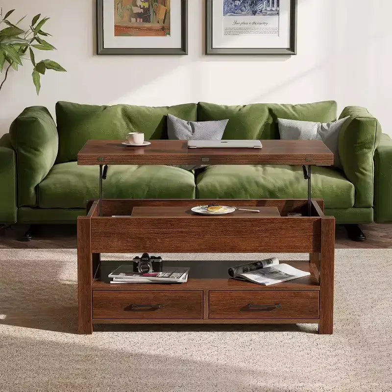 Table basse relevable à hauteur réglable - Table de salon moderne en bois avec 2 tiroirs de rangement et compartiment caché - Noyer brun ou noir