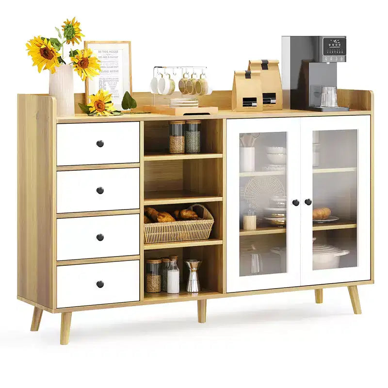 Buffet de 55 po moderne avec coin café, étagères réglables et portes en verre trempé, bahut de salle à manger avec tiroirs de rangement