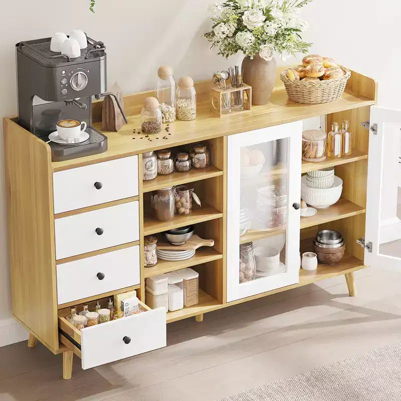 Buffet de 55 po moderne avec coin café, étagères réglables et portes en verre trempé, bahut de salle à manger avec tiroirs de rangement