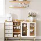 Buffet de 55 po moderne avec coin café, étagères réglables et portes en verre trempé, bahut de salle à manger avec tiroirs de rangement
