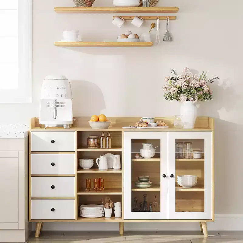 Buffet de 55 po moderne avec coin café, étagères réglables et portes en verre trempé, bahut de salle à manger avec tiroirs de rangement
