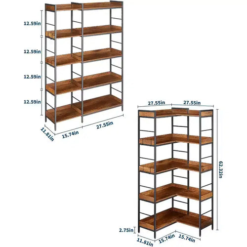 Étagère d'angle réversible à 5 niveaux, bibliothèque industrielle de 165 cm avec 4 crochets, étagères ouvertes et cadre métallique pour salon, chambre et bureau, marron rustique