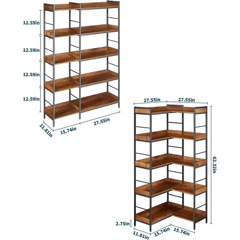 Étagère d'angle réversible à 5 niveaux, bibliothèque industrielle de 165 cm avec 4 crochets, étagères ouvertes et cadre métallique pour salon, chambre et bureau, marron rustique