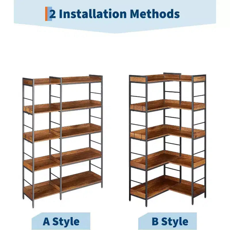 Étagère d'angle réversible à 5 niveaux, bibliothèque industrielle de 165 cm avec 4 crochets, étagères ouvertes et cadre métallique pour salon, chambre et bureau, marron rustique