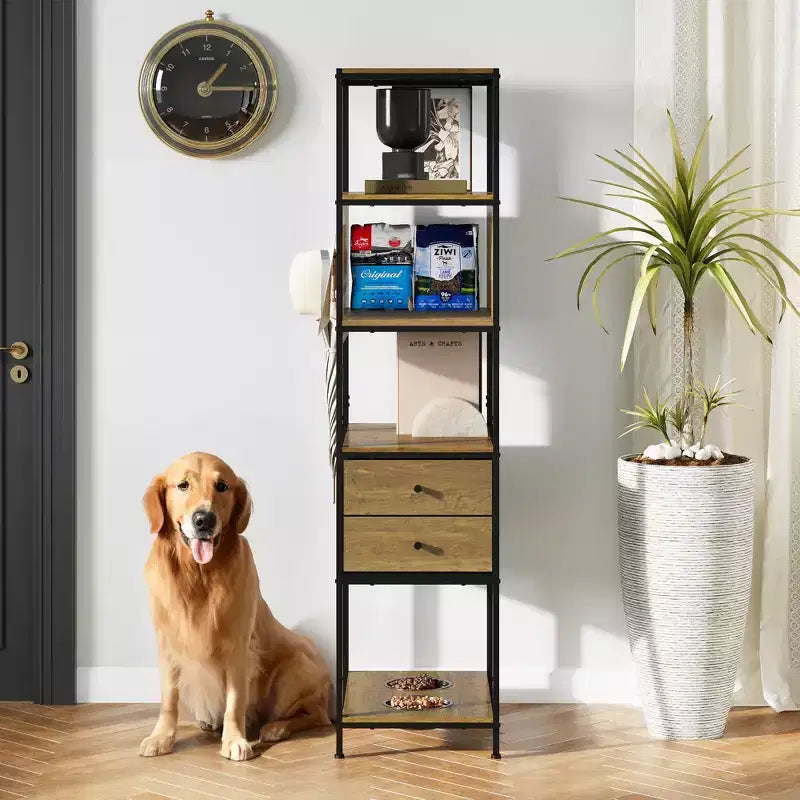 Étagère industrielle, Présentoir sur pied avec 2 gamelles pour chien, Étagère en métal et bois, Station d'alimentation pour chien avec étagères, Marron