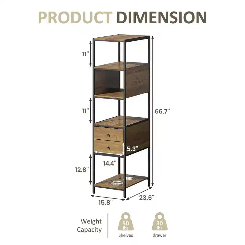 Étagère industrielle, Présentoir sur pied avec 2 gamelles pour chien, Étagère en métal et bois, Station d'alimentation pour chien avec étagères, Marron