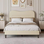 Full Size Upholstered Bed Frame Soft Marshmallow Cloud Headboard Beige Teddy Boucle Fabric Platform Bed Frame No Box Spring Needed Noise Free Design