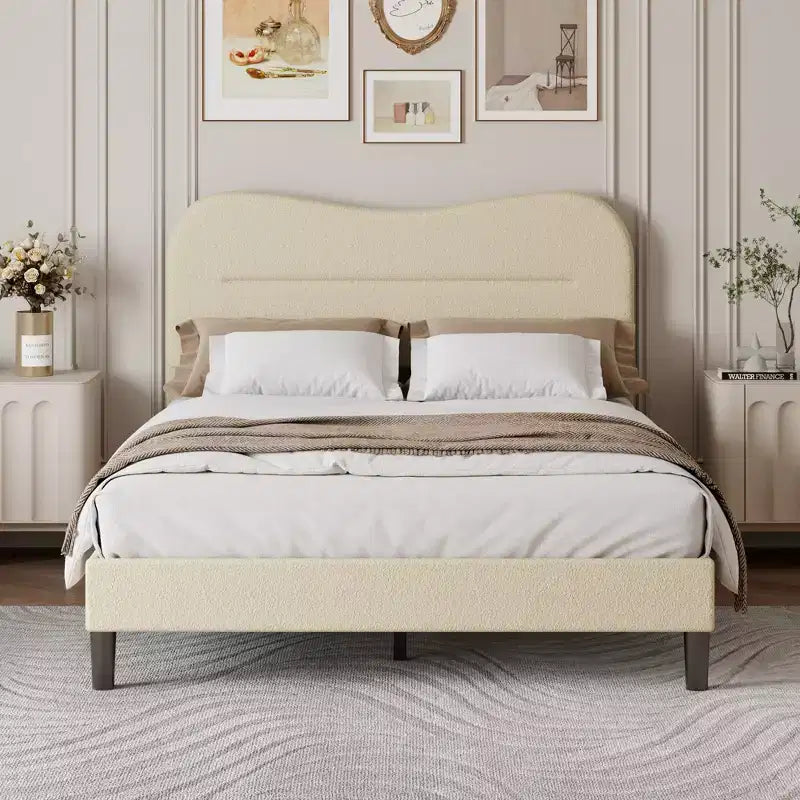 Full Size Upholstered Bed Frame Soft Marshmallow Cloud Headboard Beige Teddy Boucle Fabric Platform Bed Frame No Box Spring Needed Noise Free Design