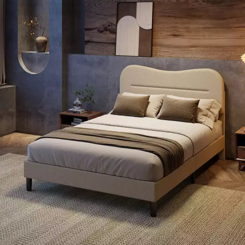 Cadre de lit rembourré grand format Tête de lit nuage douce Tissu Boucle Teddy Beige Plateforme de lit Aucun sommier tapissier requis Conception silencieuse