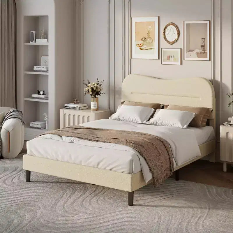 Cadre de lit rembourré grand format Tête de lit nuage douce Tissu Boucle Teddy Beige Plateforme de lit Aucun sommier tapissier requis Conception silencieuse