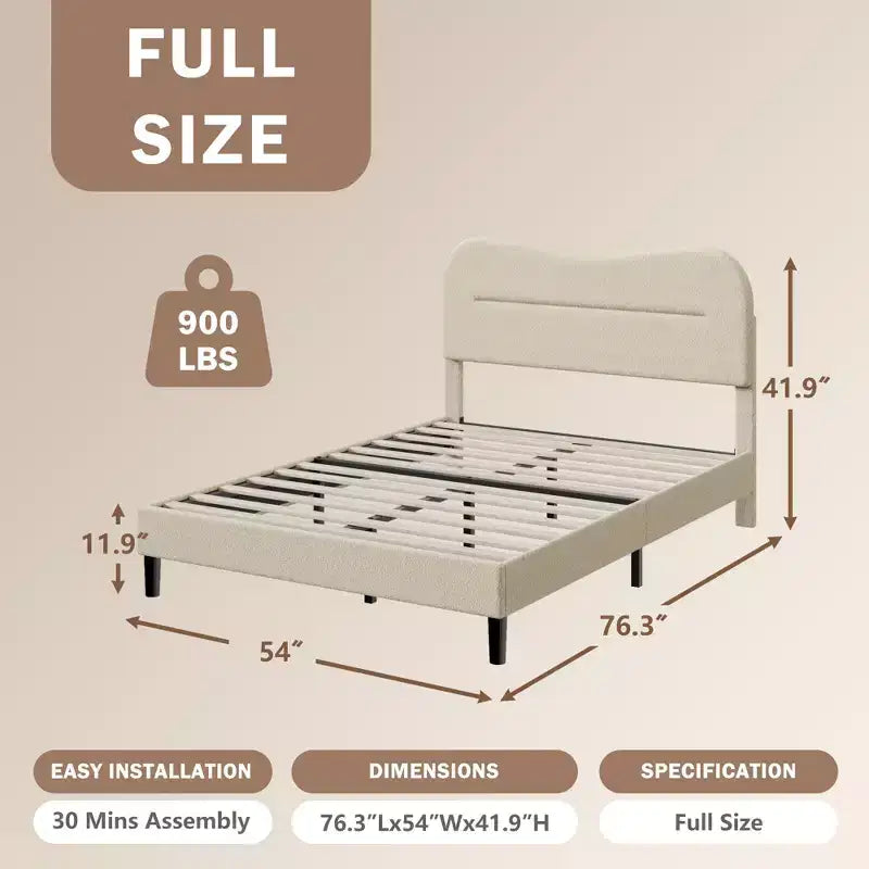 Cadre de lit rembourré grand format Tête de lit nuage douce Tissu Boucle Teddy Beige Plateforme de lit Aucun sommier tapissier requis Conception silencieuse