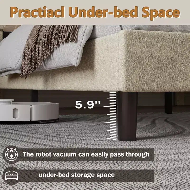 Cadre de lit rembourré grand format Tête de lit nuage douce Tissu Boucle Teddy Beige Plateforme de lit Aucun sommier tapissier requis Conception silencieuse