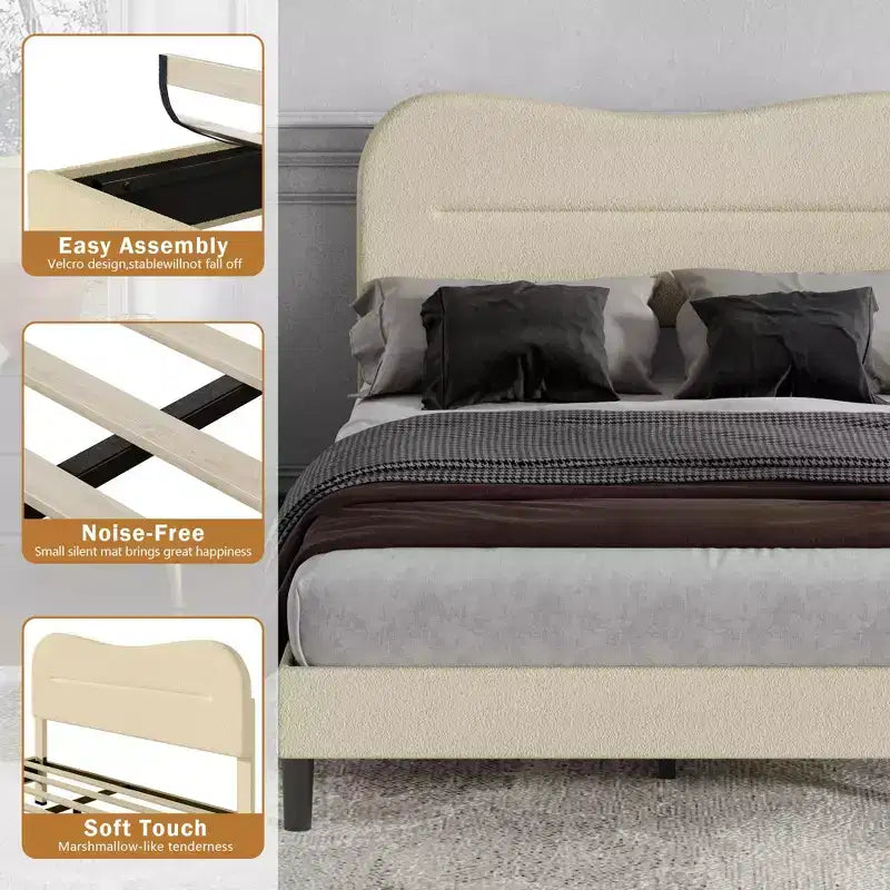 Cadre de lit rembourré grand format Tête de lit nuage douce Tissu Boucle Teddy Beige Plateforme de lit Aucun sommier tapissier requis Conception silencieuse