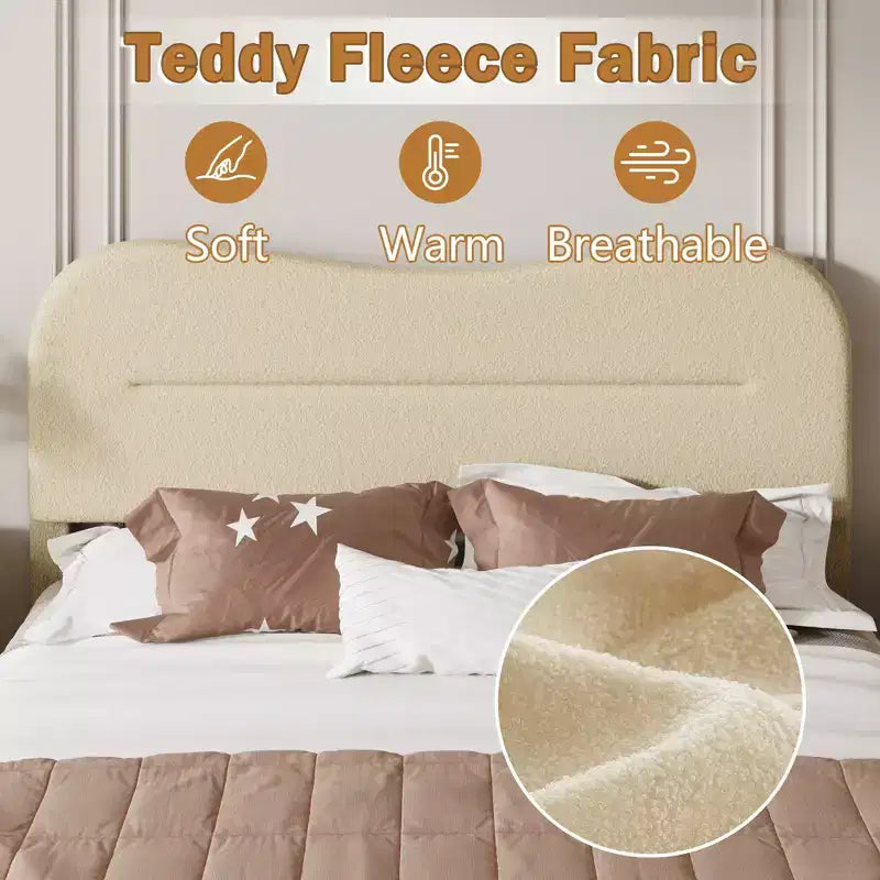Cadre de lit rembourré grand format Tête de lit nuage douce Tissu Boucle Teddy Beige Plateforme de lit Aucun sommier tapissier requis Conception silencieuse