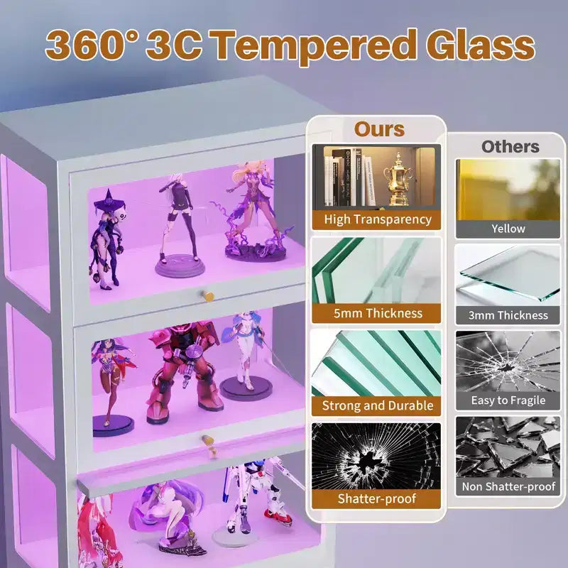 Meuble d'exposition Bekrvio 4/5 niveaux en verre avec portes relevables, vitrine avec verre trempé 3 côtés et 13 couleurs, meuble d'exposition en métal