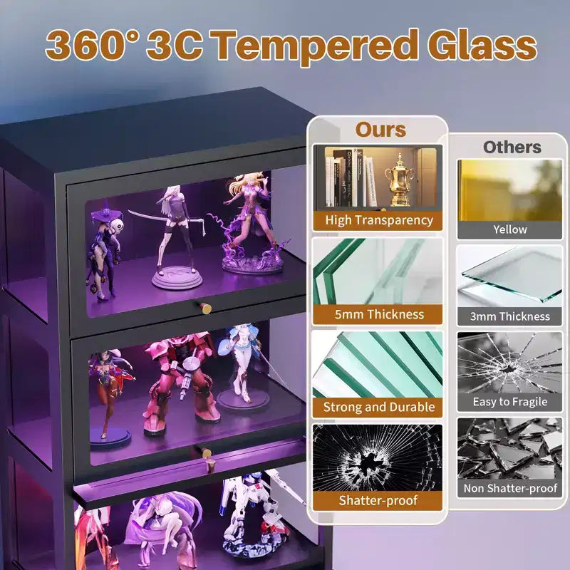 Meuble d'exposition Bekrvio 4/5 niveaux en verre avec portes relevables, vitrine avec verre trempé 3 côtés et 13 couleurs, meuble d'exposition en métal
