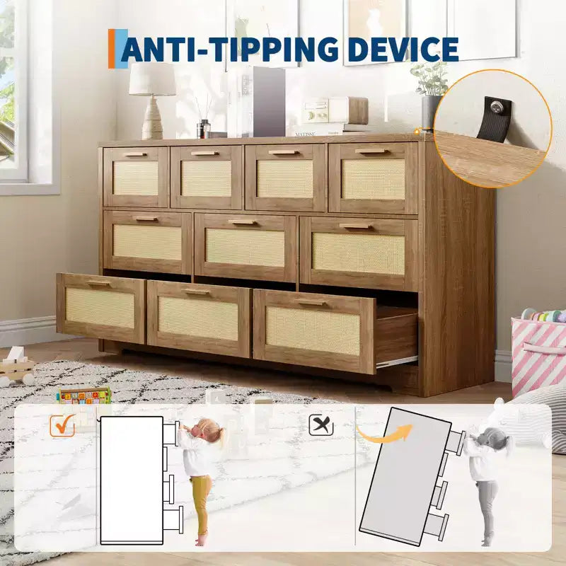 Commode à 10 tiroirs, Meuble de rangement en bois avec dispositif anti-basculement, pour salon, couloir, entrée