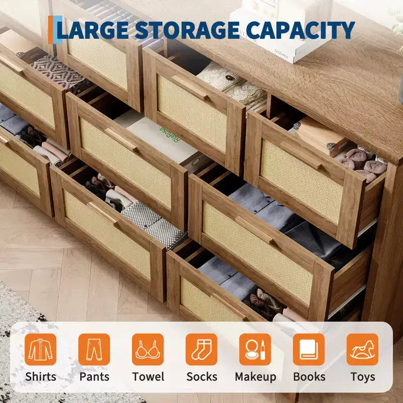 Commode à 10 tiroirs, Meuble de rangement en bois avec dispositif anti-basculement, pour salon, couloir, entrée