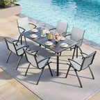 6 chaises de salle à manger d'extérieur modernes en aluminium - Tissu Textilène à séchage rapide, design ergonomique pour patio, piscine, restaurants - Gris