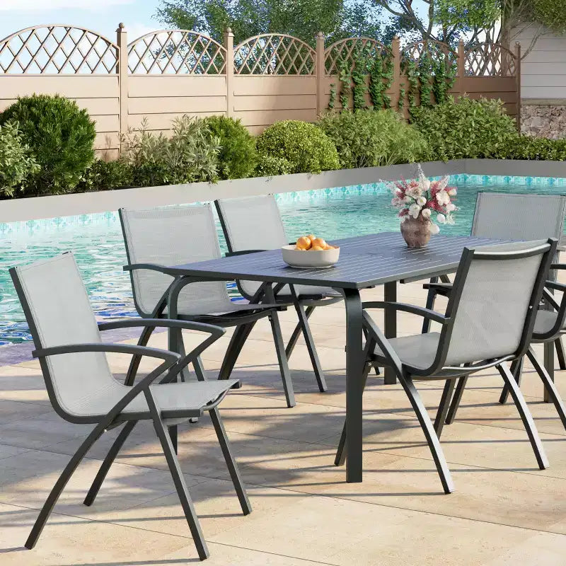 6 chaises de salle à manger d'extérieur modernes en aluminium - Tissu Textilène à séchage rapide, design ergonomique pour patio, piscine, restaurants - Gris