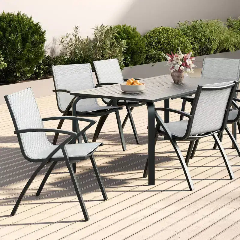 6 chaises de salle à manger d'extérieur modernes en aluminium - Tissu Textilène à séchage rapide, design ergonomique pour patio, piscine, restaurants - Gris