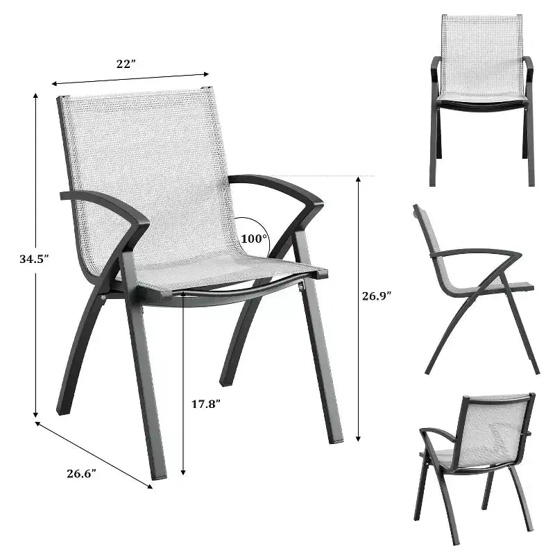 6 chaises de salle à manger d'extérieur modernes en aluminium - Tissu Textilène à séchage rapide, design ergonomique pour patio, piscine, restaurants - Gris