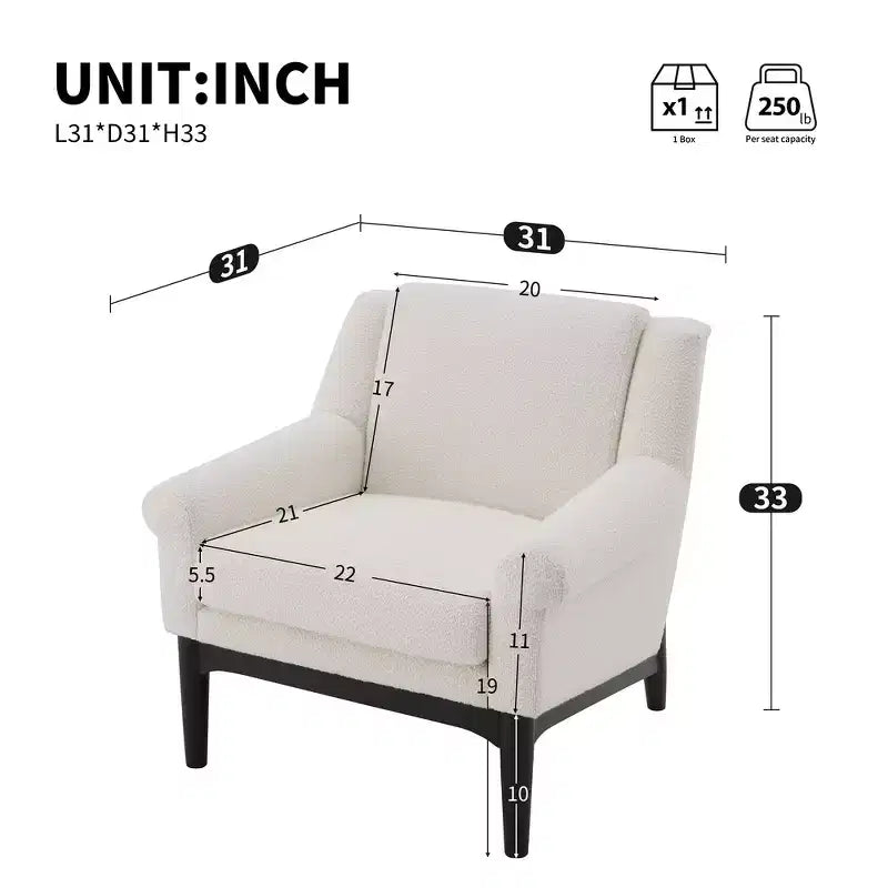 Fauteuil d'appoint Whisen avec accoudoirs évasés sculpturaux et cadre en bois massif, fauteuil de salon rembourré moderne incliné, fauteuil de lecture ergonomique