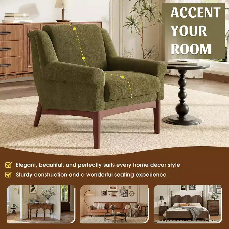 Fauteuil d'appoint Whisen avec accoudoirs évasés sculpturaux et cadre en bois massif, fauteuil de salon rembourré moderne incliné, fauteuil de lecture ergonomique