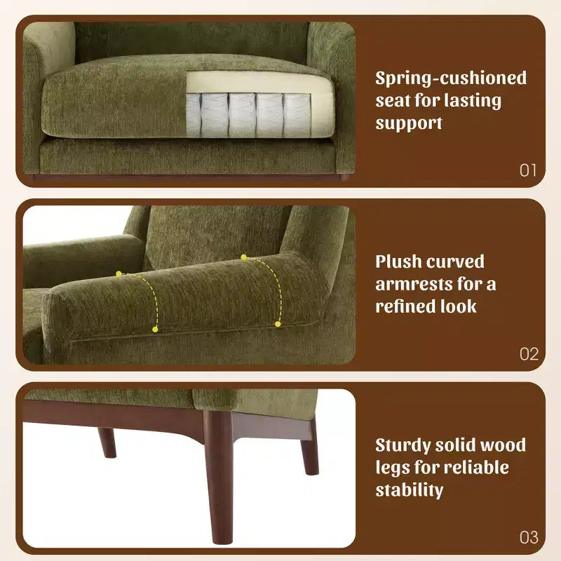 Fauteuil d'appoint Whisen avec accoudoirs évasés sculpturaux et cadre en bois massif, fauteuil de salon rembourré moderne incliné, fauteuil de lecture ergonomique