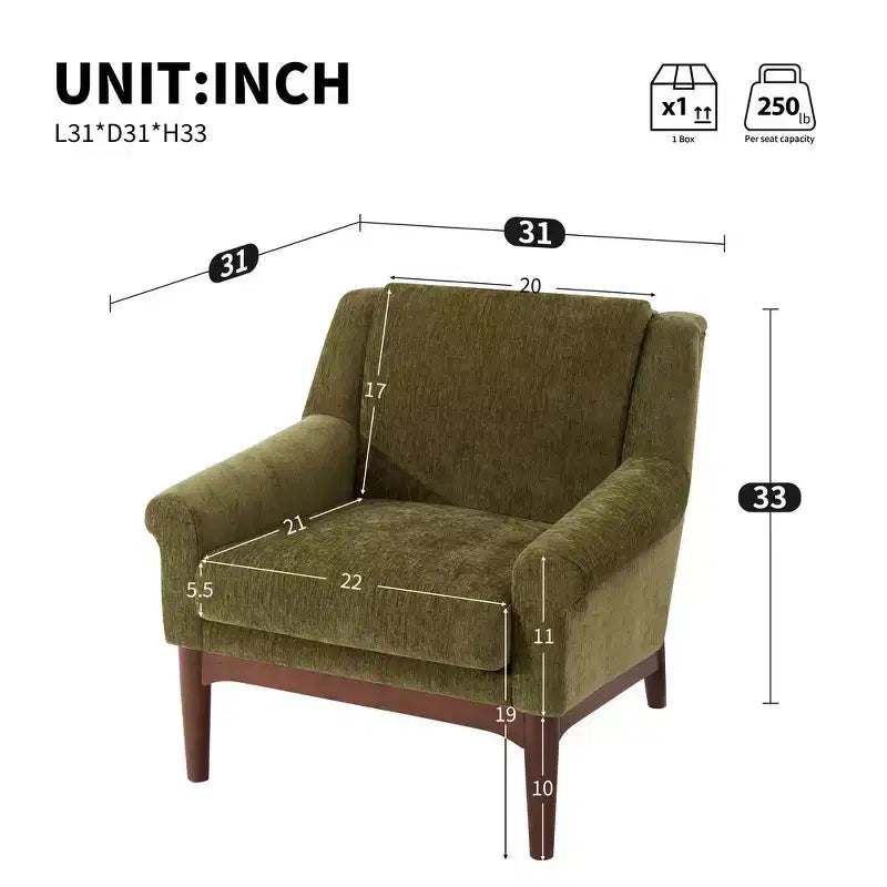 Fauteuil d'appoint Whisen avec accoudoirs évasés sculpturaux et cadre en bois massif, fauteuil de salon rembourré moderne incliné, fauteuil de lecture ergonomique
