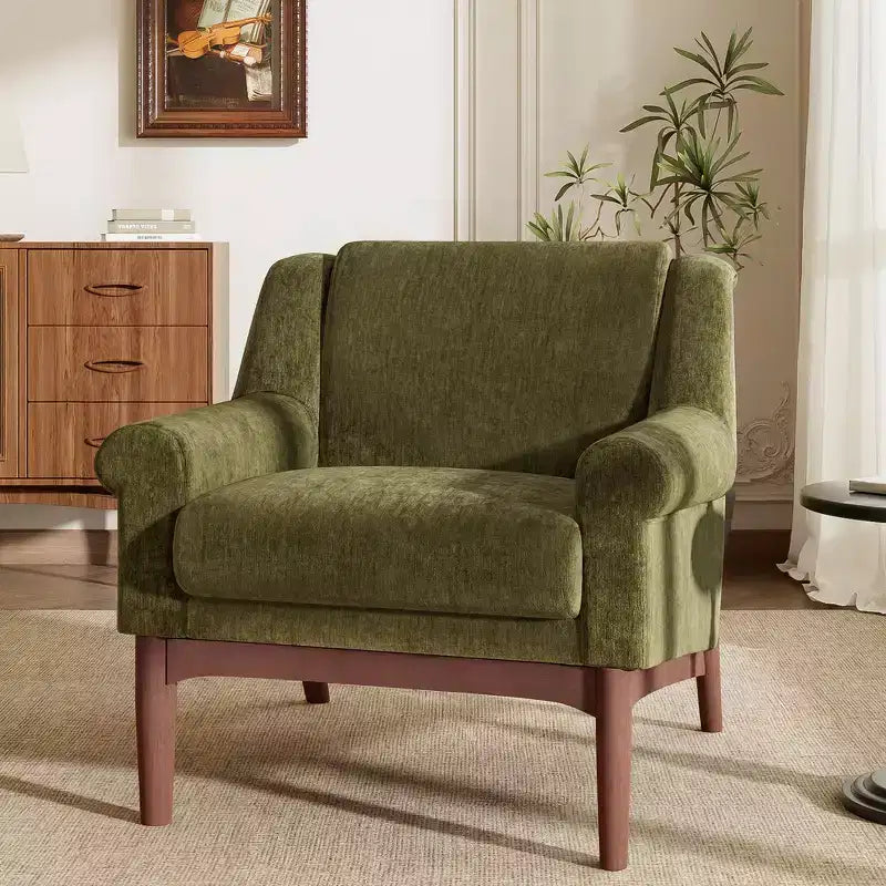 Fauteuil d'appoint Whisen avec accoudoirs évasés sculpturaux et cadre en bois massif, fauteuil de salon rembourré moderne incliné, fauteuil de lecture ergonomique