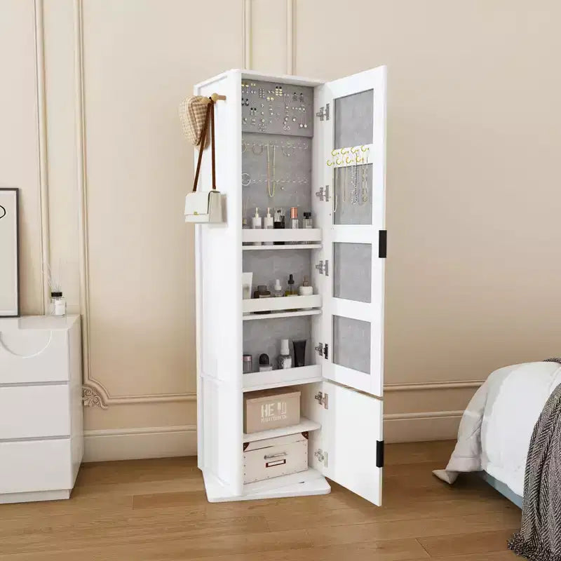 Meuble de rangement pivotant à 360° avec miroir pleine longueur, tour de rangement rotative avec 6 étagères et crochets