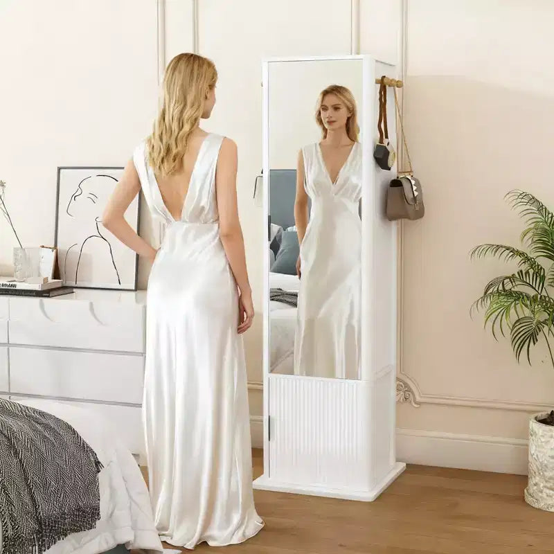 Meuble de rangement pivotant à 360° avec miroir pleine longueur, tour de rangement rotative avec 6 étagères et crochets