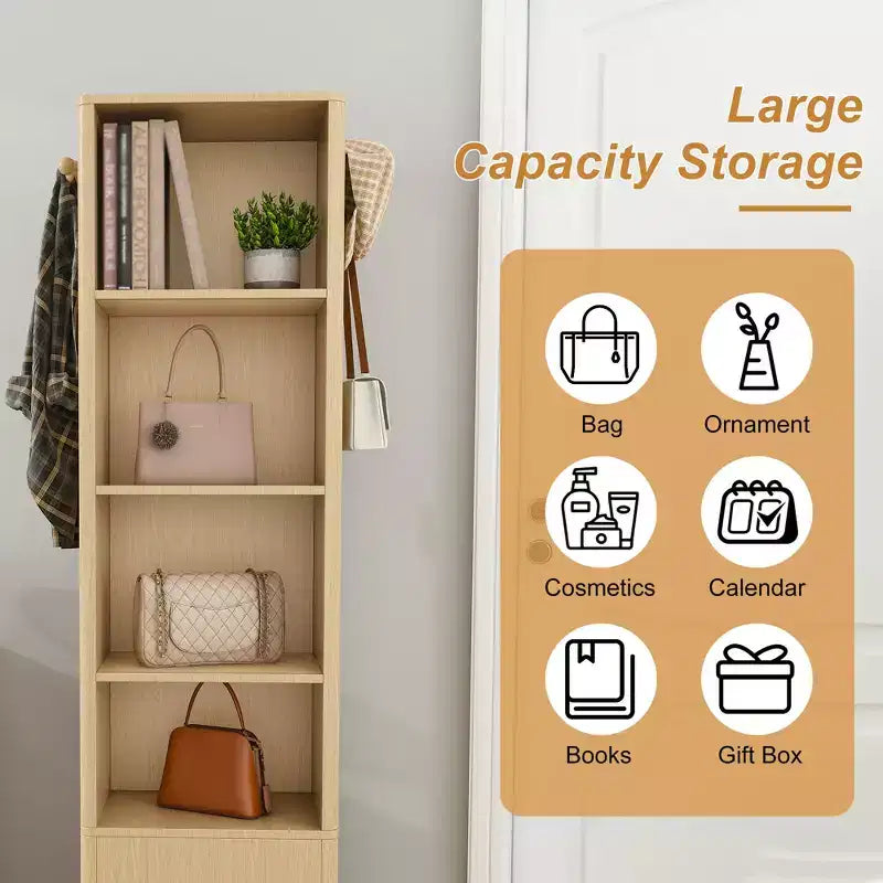Meuble de rangement pivotant à 360° avec miroir pleine longueur, tour de rangement rotative avec 6 étagères et crochets
