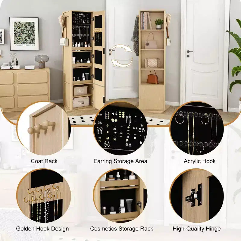 Meuble de rangement pivotant à 360° avec miroir pleine longueur, tour de rangement rotative avec 6 étagères et crochets