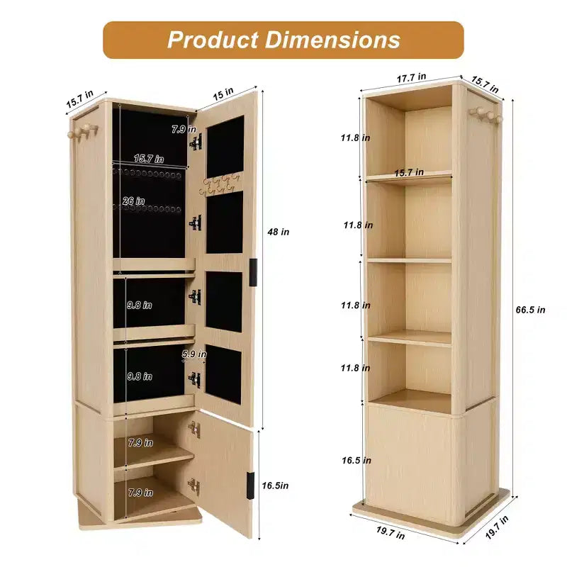 Meuble de rangement pivotant à 360° avec miroir pleine longueur, tour de rangement rotative avec 6 étagères et crochets