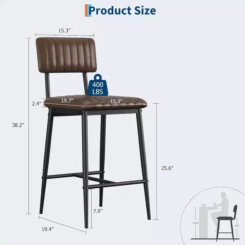 Lot de 2 tabourets de bar robustes, siège en cuir PU épais, dossier ergonomique, repose-pieds, structure métallique supportant 180 kg, facile à nettoyer, pour cuisine ou bar