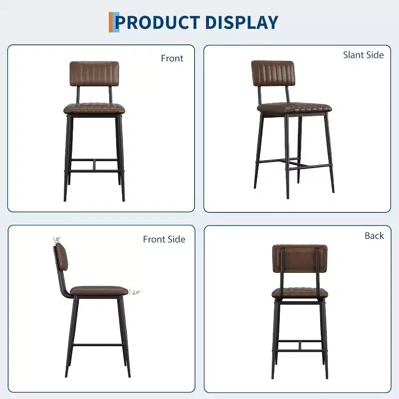 Lot de 2 tabourets de bar robustes, siège en cuir PU épais, dossier ergonomique, repose-pieds, structure métallique supportant 180 kg, facile à nettoyer, pour cuisine ou bar