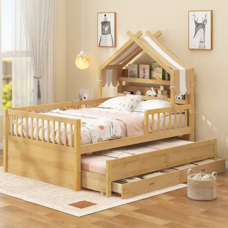 GDFStudio Sanders Lit cabane en bois avec lit gigogne et tissu