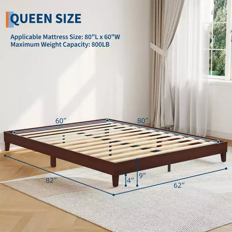 Queen Size Wooden Bed Frame, 9 Inch Sturdy Wood Platform with Wood Slats, Noise-Free, Easy Assembly, No Box Spring Needed, Dark Walnut (No Headboard)