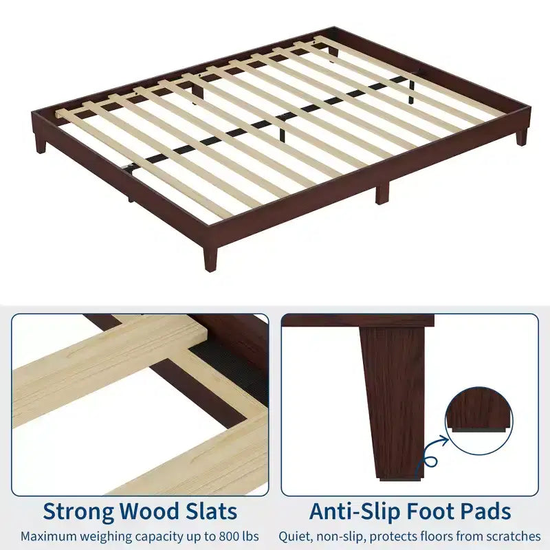 Cadre de lit en bois Queen Size, plateforme robuste de 9 pouces avec lattes en bois, silencieux, montage facile, sans sommier tapissier, Noyer foncé (sans tête de lit)
