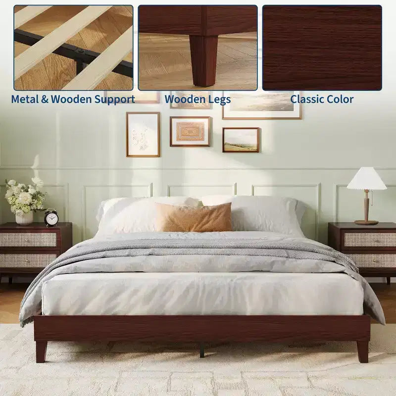 Cadre de lit en bois Queen Size, plateforme robuste de 9 pouces avec lattes en bois, silencieux, montage facile, sans sommier tapissier, Noyer foncé (sans tête de lit)