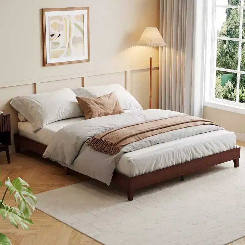 Cadre de lit en bois Queen Size, plateforme robuste de 9 pouces avec lattes en bois, silencieux, montage facile, sans sommier tapissier, Noyer foncé (sans tête de lit)