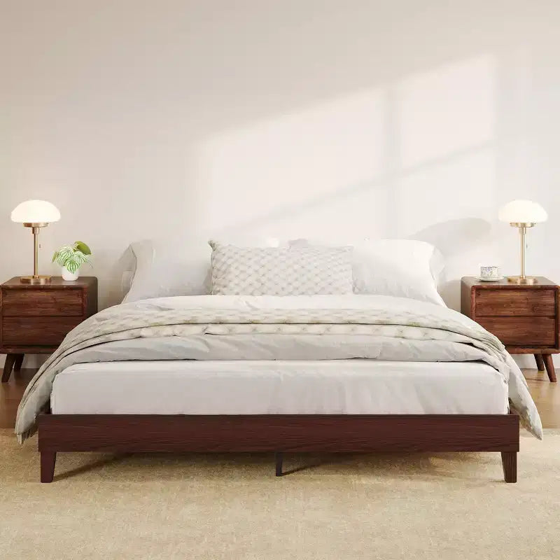 Cadre de lit en bois Queen Size, plateforme robuste de 9 pouces avec lattes en bois, silencieux, montage facile, sans sommier tapissier, Noyer foncé (sans tête de lit)