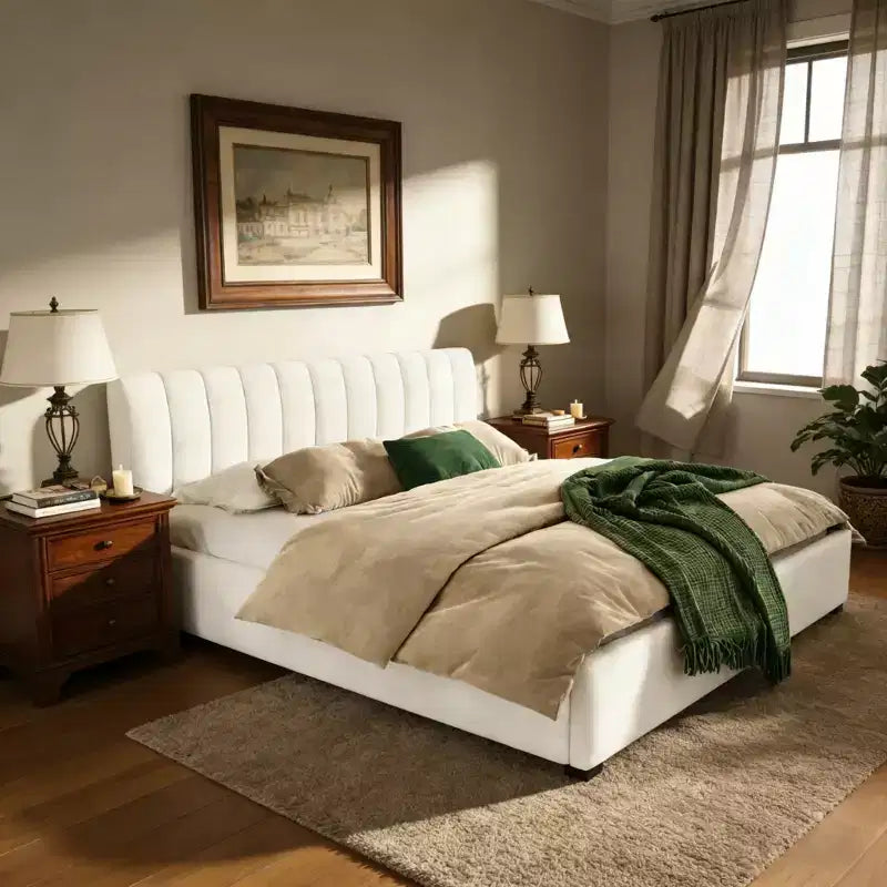 Cadre de lit plateforme capitonné King Size avec tête de lit rembourrée épaisse et douce, Beige - ModernLuxe